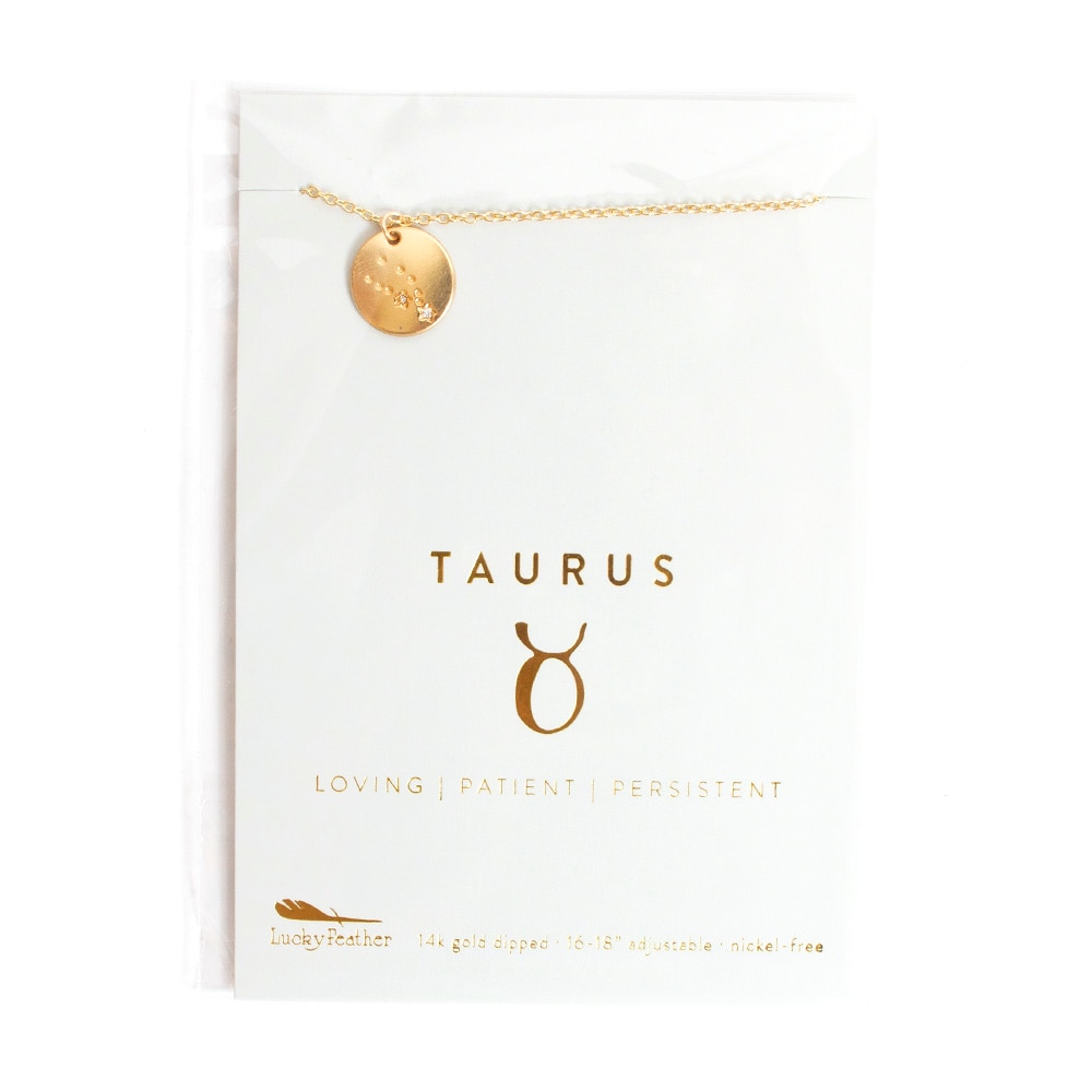 Lucky Feather, Gold, Zodiac, Necklace, Taurus